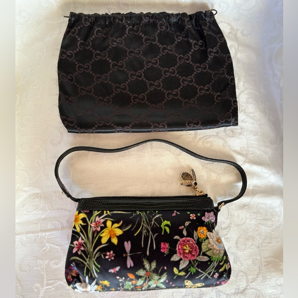 Gucci Black Silk Floral Garden Bumblebee Charm Mini bag